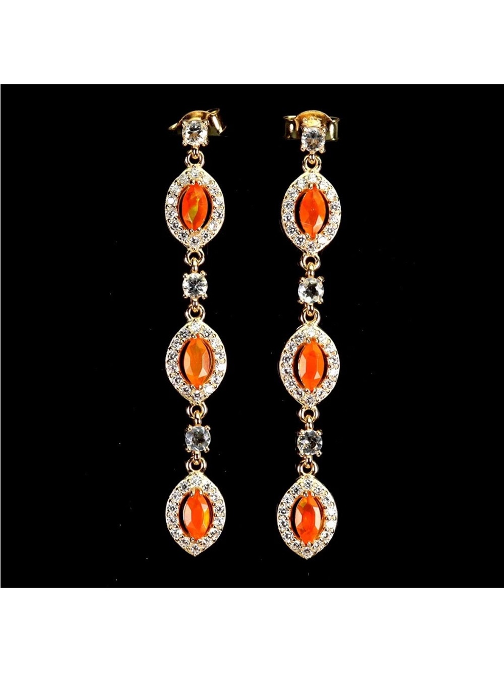 Stunning Genuine Orange Fire Opal Marquise w/ Halo Dangle Earrings 925 SS